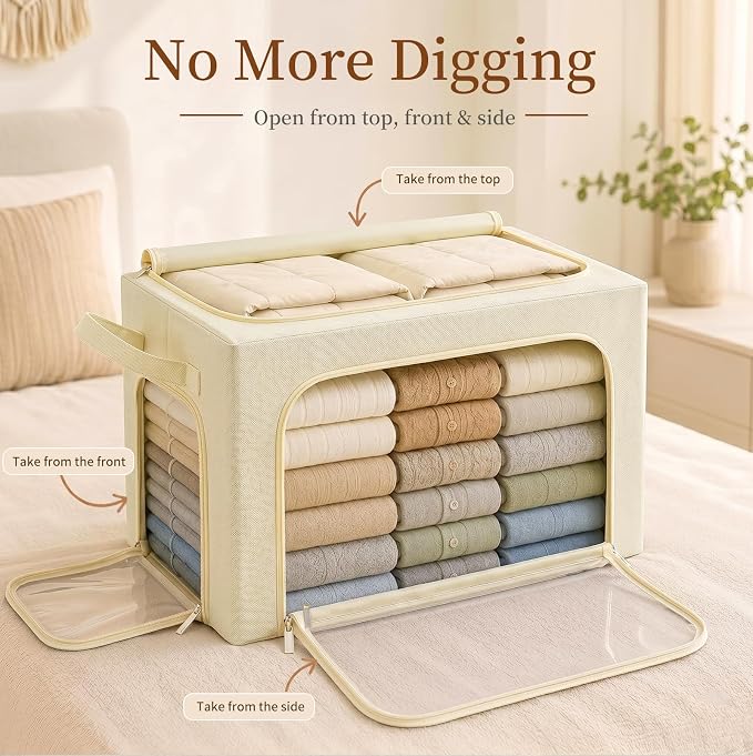 GoMaihe 3 Opening Clothes Storage Bins with Metal Frame, 66L Blanket Storage Organizer for Walk-in Closet Large Storage Boxes with Clear Window for Bedding Winter Clothing 3-Pack Beige