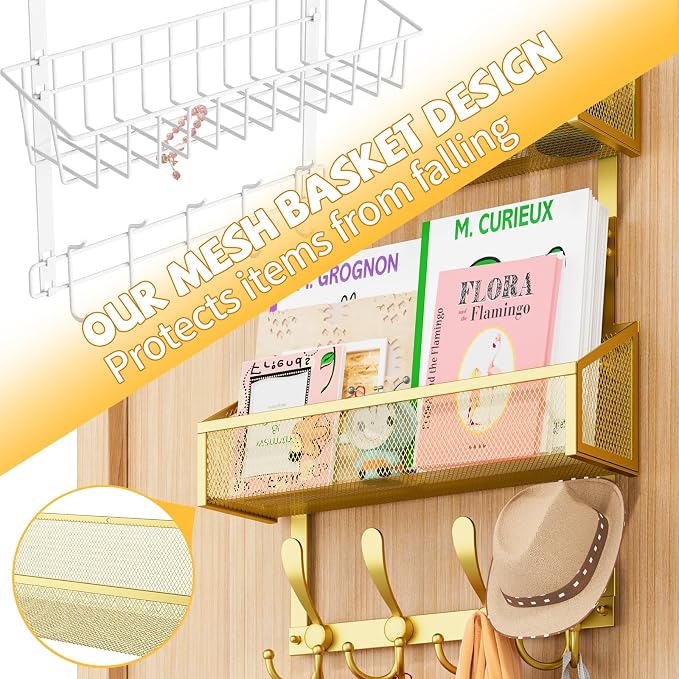 Kaiferty Over The Door Hooks Organizer, Coat Rack Over The Door Storage Hanger Towel Rack, Back of Door Storage Organizer for Bathroom,Bedroom,Kitchen,Office (Gold, 4-Tier)