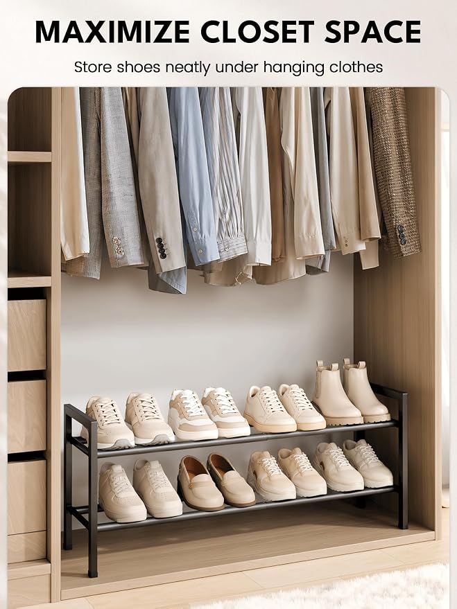Bumusty 2 Tier Expandable Shoe Rack for Closet, 18“-33” Adjustable Shoe Rack for Small Space, Small Shoe Organizer for Front Door, Sturdy Metal, Black