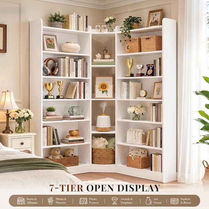 Unikito 71.3" Tall Corner Bookshelf Etagere Bookcase with Baffle, White | Large L-Shaped Asymmetric 7 Tiers Freestanding Storage Organizer Display Stand Shelf for Home Office, Living Room
