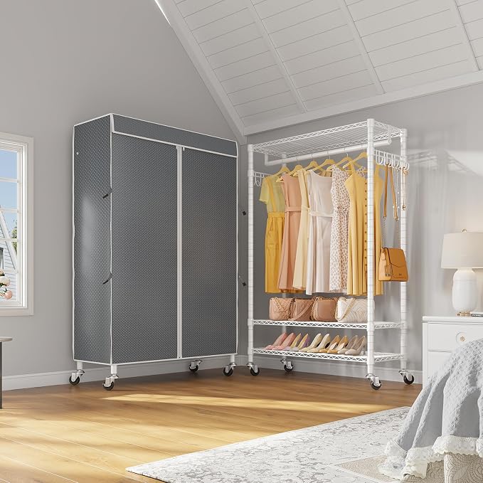 VIPEK R3C Portable Closet with Cover - Heavy Duty Freestanding Clothes Rack with Wheels & Hanging Rod & Side Hooks, 35.4" L x 15.7" W x 72.4" H, White Rack with Grey Upgraded Polyester Cover