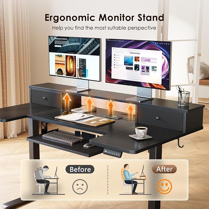 OffiGo 55 Inch U Shape Standing Desk with Keyboard Tray & Drawers, Black | 3 Outlets & 2 USB Ports, Dual-Monitor Stand, 10 Colors & 10 LED Modes, 3 Presets, 28.3"-46.5"in Range, 154 lb Capacity