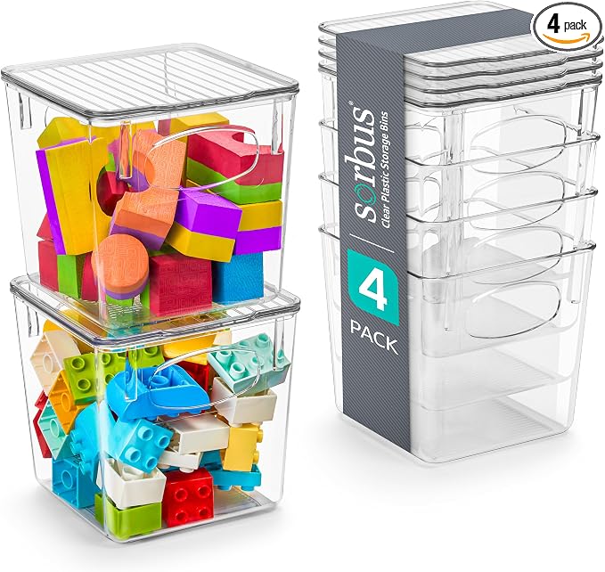 Sorbus Small Clear Plastic Storage Bins With Lids - Stackable Organizer For Toys, Clothes, Medicine, Makeup, Closet, Art Supplies, Bathroom, Shoes (4 Pack)