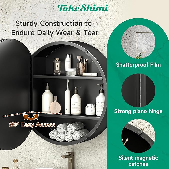 TokeShimi 26x26 Round Medicine Cabinet for Bathroom,Black Circle Bathroom Medicine Cabinet with Mirror,Surface Mount Only Detachable Shelves Circular Vanity Shatterproof Mirror with Storage