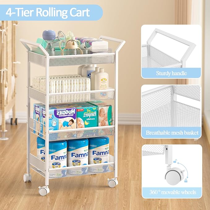 2 Pack Baby Diaper Caddy Cart, 4-Tier Diaper Caddy Organizer and Storage, Rolling Utility Cart for Baby Supplies, Diaper Cart with Wheels for Bedroom, Nursery, Changing Table, White