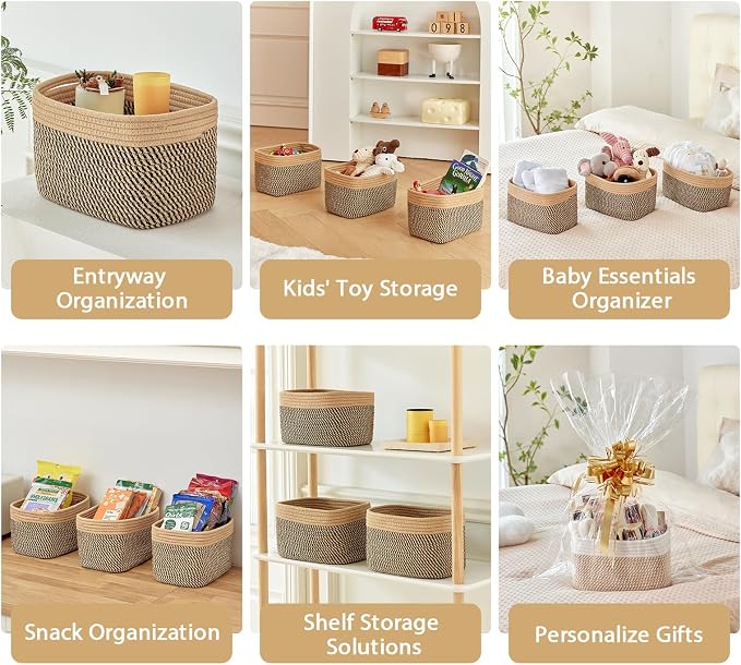 R RUNKA Small Cotton Rope Basket – Storage Bin for Organizing (10.6" x 6.7" x 6.7"), Bathroom Storage Basket for Shelf, Counter & Closet（Camel & Mixed Black）