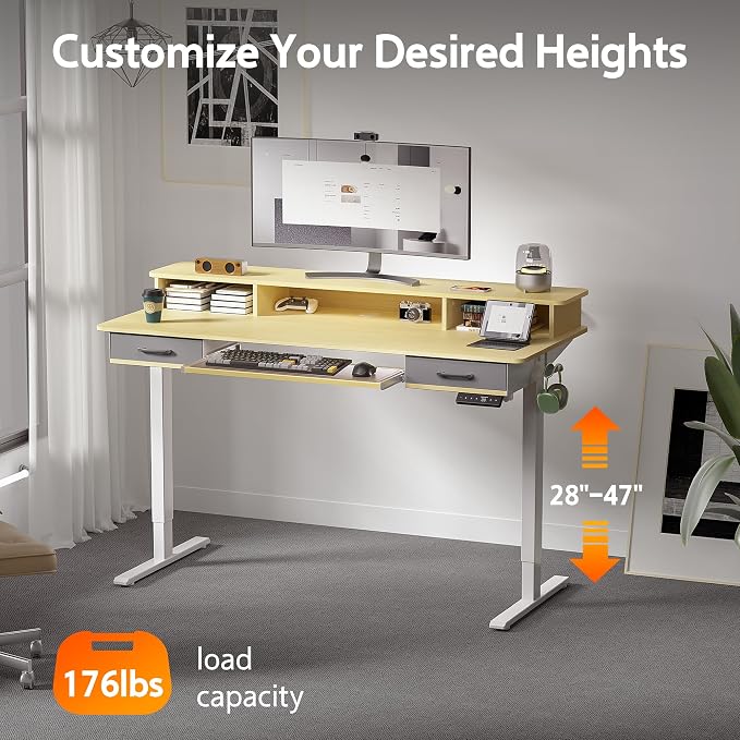 WALKINGDESK 63 Inches Electric Standing Desk with Keyboard Tray, Height Adjustable Sit to Stand Table with 2 Drawers, Ergonomic Home Office Desk with Storage Shelf, Computer Table, Oak