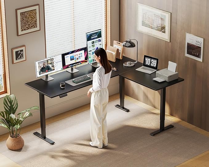 OffiGo 63 Inch Reversible L Shaped Electric Standing Desk, Black | Large Corner Height Adjustable Stand Up Desk, 3 Memory Presets, Sit Stand Table, Reinforced Frame for Home Office Workstation
