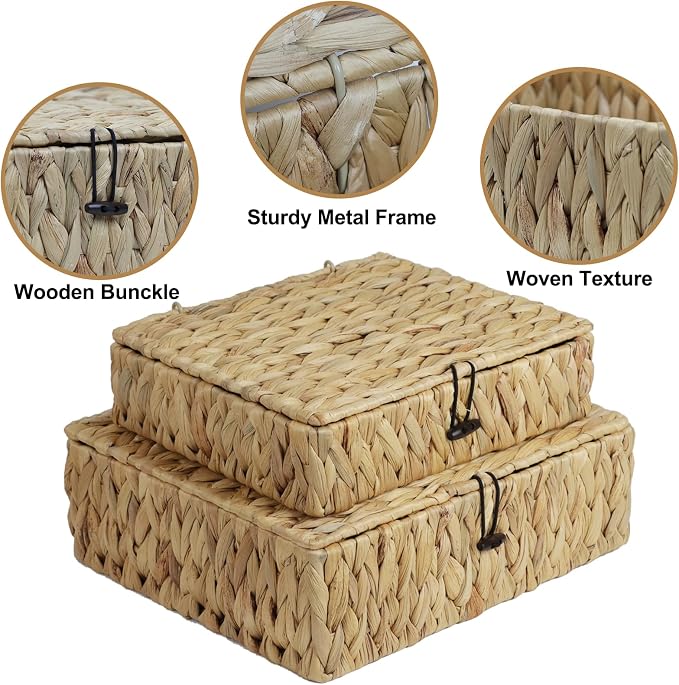 Water Hyacinth Basket with Lid, Rectangular Wicker Storage Basket Bins with Lid, Decorative Woven Basket Boxes for Storage Home Organizer