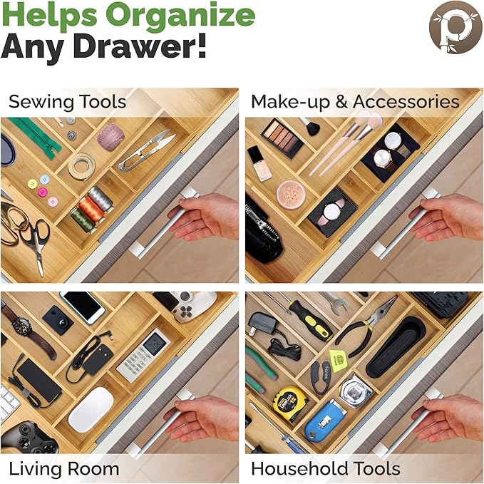 Pristine Bamboo Silverware Organizer - Expandable Kitchen Drawer Organizer - Adjustable Kitchen Drawer Organizer for Utensils, Expandable to 22 Inches Wide, 10 Compartments, Silverware Tray for Drawer | Expandable Kitchen Drawer Organizer for Utensils,...