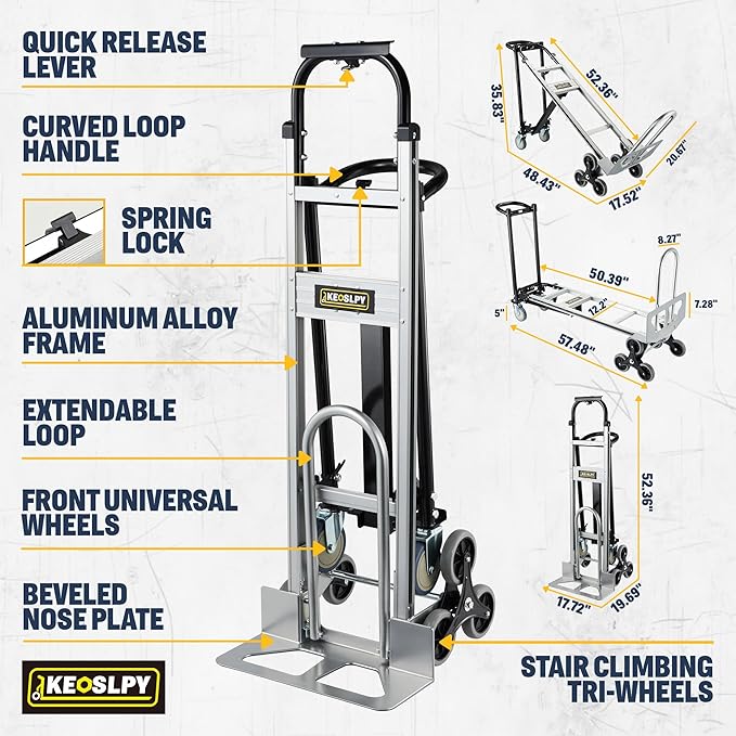 Upgraded 3 in 1 Industrial Convertible Hand Truck 1000 LBS Capacity, Aluminum Heavy Duty Hand Truck Dolly, Stair Climbing Dolly Cart Utility Platform Cart with Wheels for Transport & Moving
