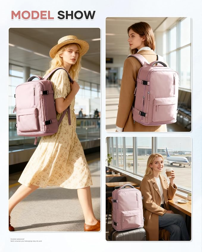 WONHOX Large Travel Backpack Women, Carry On Backpack,Hiking Backpack Waterproof Outdoor Sports Rucksack Casual Daypack with USB Charging Port Shoes Compartment,Pink…