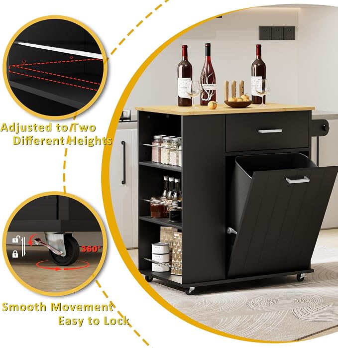 HQZX Rolling Kitchen Island with Trash Can Storage, Portable Kitchen Island on Wheels with Towel Rack & Spice Rack, Tilt Out Trash Can Cabinet with Drawer, Mobile Island Cart (Black)