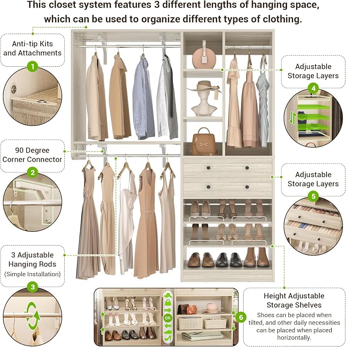 Besiost Closet System - 60"/92" Closet System with Drawers, 5FT/7.67FT Closet Organizer System with Reversible Hanging Shelving Greige Oak