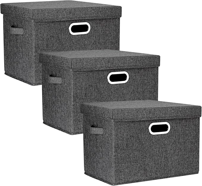 TYEERS Large Collapsible Storage Bins with Lids, Organization Bins for Closet Storage, Clothes Storage, Folding Storage Box with Lids for Home Office Storage - 3 Pack - Black