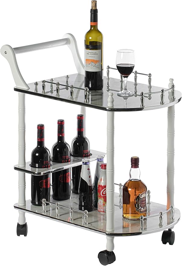 Serving Bar Cart Tea Trolley, 2 Tier Shelves on Rolling Wheels, Mobile Liquor Bar for Wine Beverage Drink Dinner Party, Utility Kitchen Storage Island Coffee Cabinet for Dining Living Room, Wood, Gray