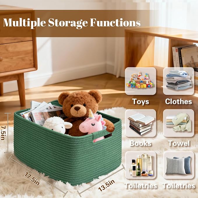 4 Pack Large Storage Basket for Organizing, 17.5"x13"x7" Woven Basket for Shelves, Closet Cube Storage Bins with Wrapped Handle, Cotton Rope Baskets for Kitchen, Clothes, Toys(Green)