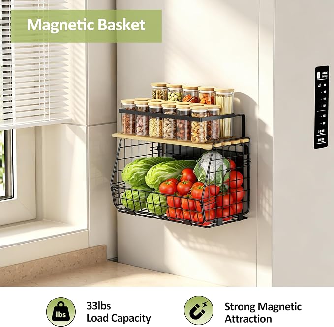 Magnetic Shelf for Fridge: Fruit Potato and Onion Storage Bin - Magnetic Spice Rack for Refrigerator & Kitchen Counter - Pantry Organizers and Storage