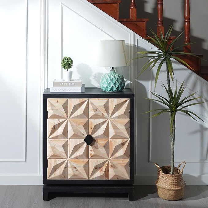 LIFE SKY 3D Geometric Storage Cabinet: Modern Double-Door Wooden Accent Furniture - Creative Studio Organizer & Home Office Decor Solution