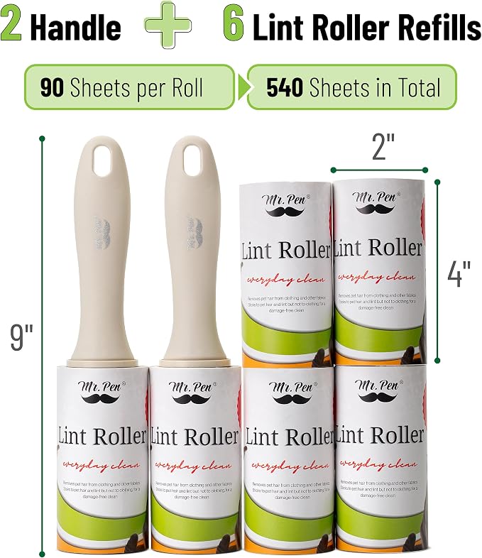 Mr. Pen- Lint Rollers, 2 Handle with 6 Refills, 540 Sheets | Extra Sticky Lint Remover for Clothes, Lint Roller for Pet Hair, Pet Hair Roller, Sticky Roller, Lint Roller for Clothes