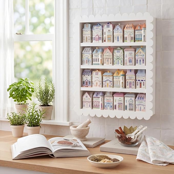 Chunful Spice Jar Wooden Rack White Scalloped Spice Shelf for 24 Jars, Village Style Wall Mounting Kitchen Storage Decorative Hanging Display Rack, Shelf Only