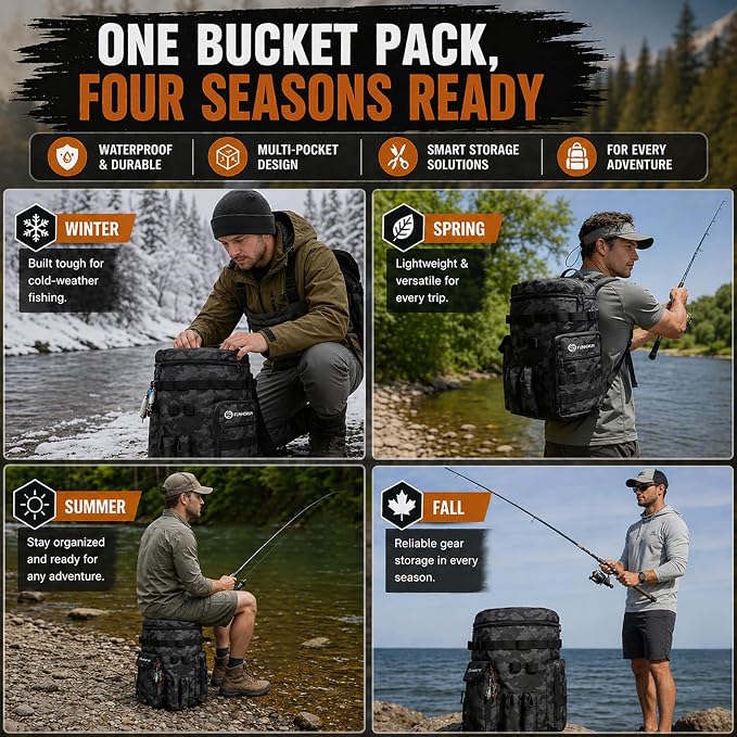 FUNHORUN Fishing Bucket Organizer with 5 Gallon Bucket & Rotating Seat Lid | 360 Swivel Seat Lid, Bucket Backpack with Backpack Straps, Full Water-Resistant & Multi-Pockets (Fishing Tools Not Included)