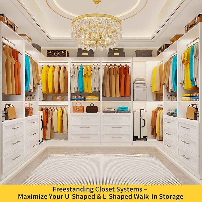 Closet System with 9 Drawers, Corner Closet Organizer System with 9 Hanging Rods Walk in Wooden Modular Closet Storage System L-Shaped 4 Sets, 2800+ Lbs Capacity White