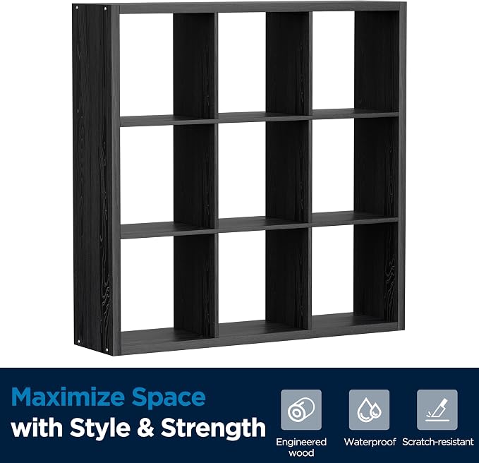 9 Cube Storage Organizer, Wooden Cube Shelf Bookcase with Reinforced Thick Shelves, Heavy-Duty 36.93" L x 9.37" W x 36.93" H, for Living Room Bedroom Home Office, Black