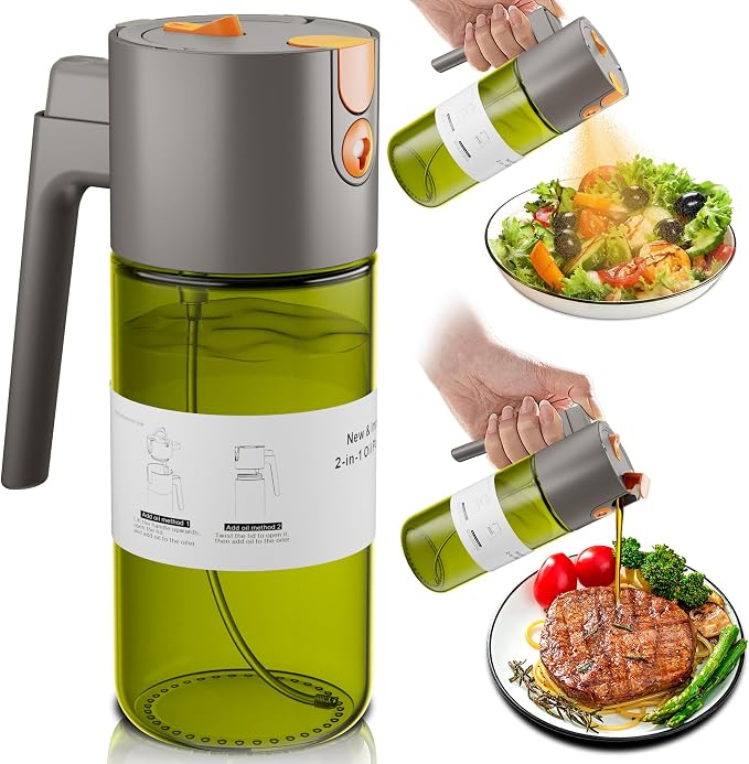 LAKUMIQI 2 in 1 Oil Sprayer & Dispenser, 17 oz Light-Blocking Glass Bottle | Large Capacity, Wide-Mouth for Easy Pouring and Cleaning, Leak-Proof Oil Bottle with Stickers for Salads, Air Fryers, BBQ