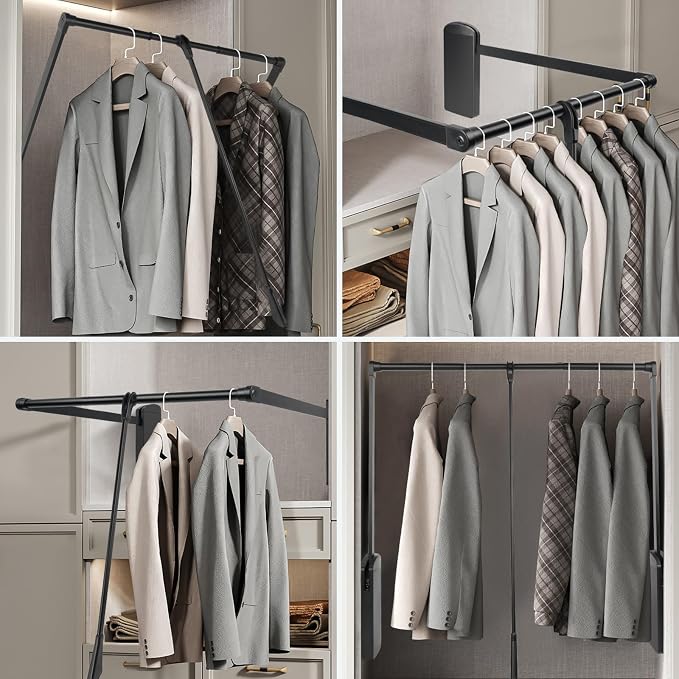 Pull Down Closet Rod 2 Pack, Adjustable 26''-35'' Wardrobe Lift Rail Rod | Side Mounted Two-way Buffering Closet Poles for Hanging Clothes, Heavy Duty Pull Down Clothes Rack, 33 lbs Load Capacity