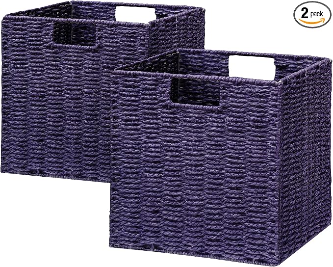 Vagusicc Wicker Storage Basket, Set of 2 Hand-Woven Paper Rope Wicker Basket, Foldable Cube Storage Bins, Square Large Storage Baskets for Organizing Shelves, Decor, Orange (13″×13″×13″)