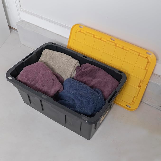 CX BLACK & YELLOW 27-Gallon Heavy Duty Stackable Storage Bins with Lids, Dorm Room Essentials, Dorm Storage, Moving Boxes, Back to School, Classroom Organization, Home Organization, 2 Pack (14.3H x 20.6W x 30.6D)