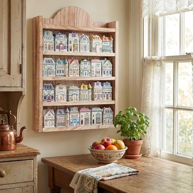 Chunful Vintage Spice Jar Wooden Rack Light Oak Farmhouse Spice Shelf for 24 Jars, Village Style Wall Mounting Kitchen Storage Decorative Hanging Display Rack, Shelf Only