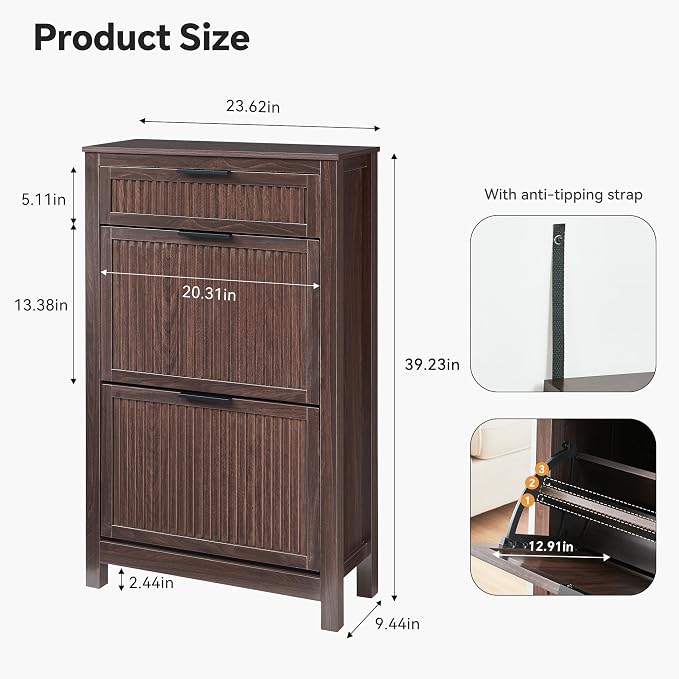 2 Flip Drawers Shoe Cabinet Storage for Entryway, Narrow Hidden Shoes Organizer for Front Door Entrance, Free Standing Shoes Cabinet Wooden Hallway Shoe Rack(Brown)