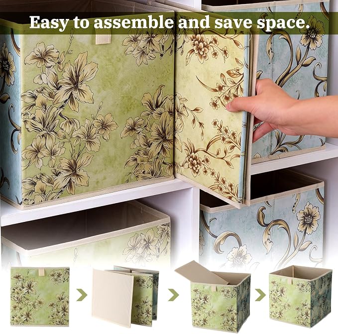 Novabright 6 Pack Vintage Floral Storage Bins 11 Inch Cube Storage Baskets with Handle Collapsible Fabric Boxes Cube Organizer Cubby Shelf Bedroom Closet Classroom Home Decoration for Girls