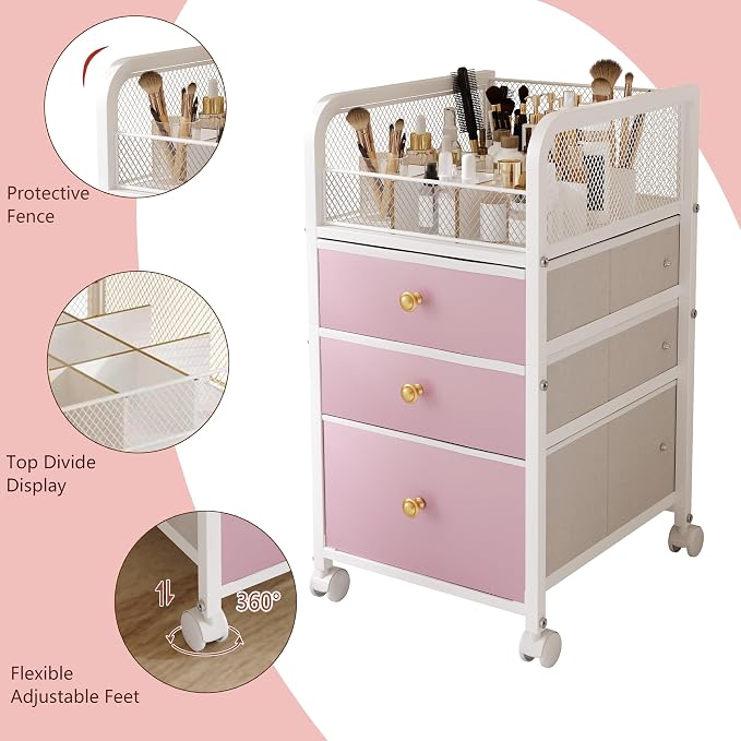 Rolling Makeup Vanity Cart, Makeup Organizer with Drawers, Rolling Makeup Bathroom Storage Cart, Cosmetic Vanity Display Cases Holder for Nail Polish Brush Hair Tool (Pink)