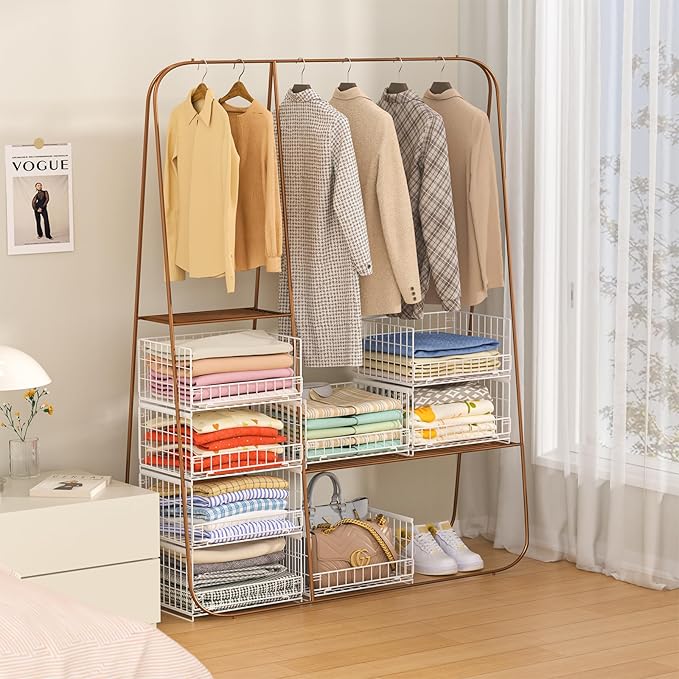 Hongtamoya 4-Tier Sliding Closet Organizers and Storage Shelves, Stackable Closet Shelf Organizer Basket Bins, Drawer Shelf Storage Container for Wardrobe Cupboard Kitchen Bathroom Office, White