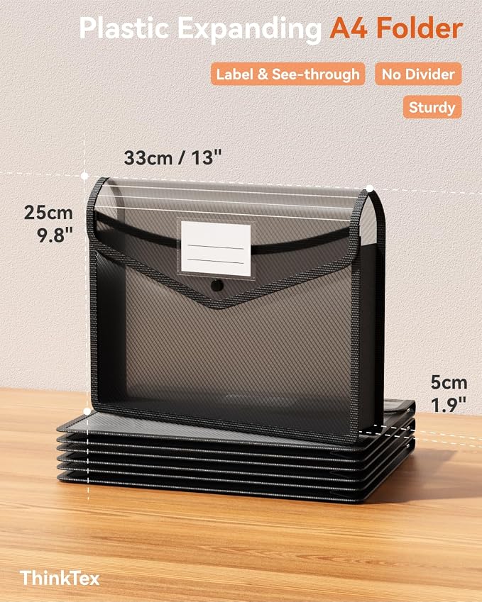 ThinkTex Plastic Expanding File Folder, Transparent envelopes with Snap Closure, No Dividers, Large Capacity, Fit Letter/A4 Size - 5 Packs | No Dividers, Large Capacity, Fits Letter/A4 Size, for Home, Office, School, Tax, Bill Organization- 5 Packs