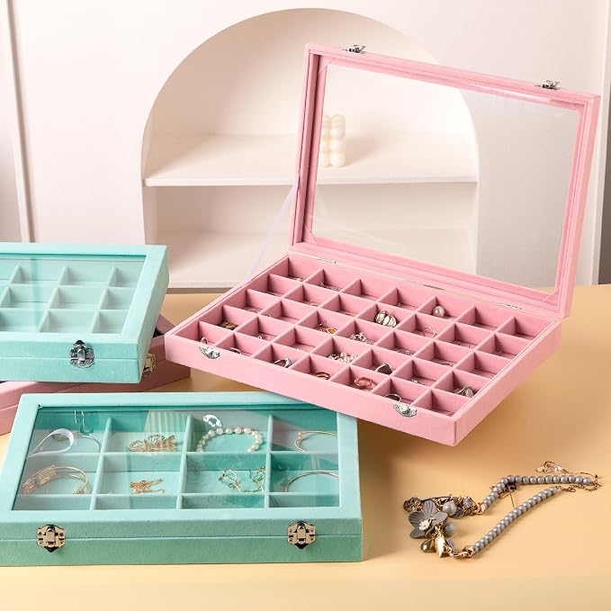 Frebeauty 35 Grid Earring Organizer,Velvet Jewelry Tray with Clear Lid | Drawer Jewelry Organizer for Rings Studs Beads,Adjustable Dividers,Dustproof Design,Earring Storage,Trinket Box,13.8×9.5Inch