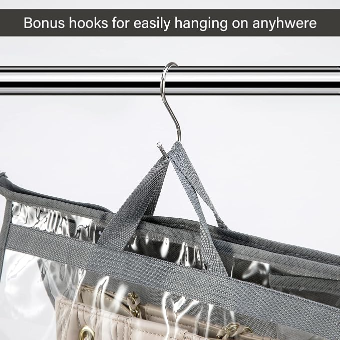 10 Set Handbag Storage Organizer Dust Bags for Purses Handbags Closet, Clear Purse Protector Storage Bag Dust Cover for Bags, Closet Organizer for Handbags with Hooks, Grey