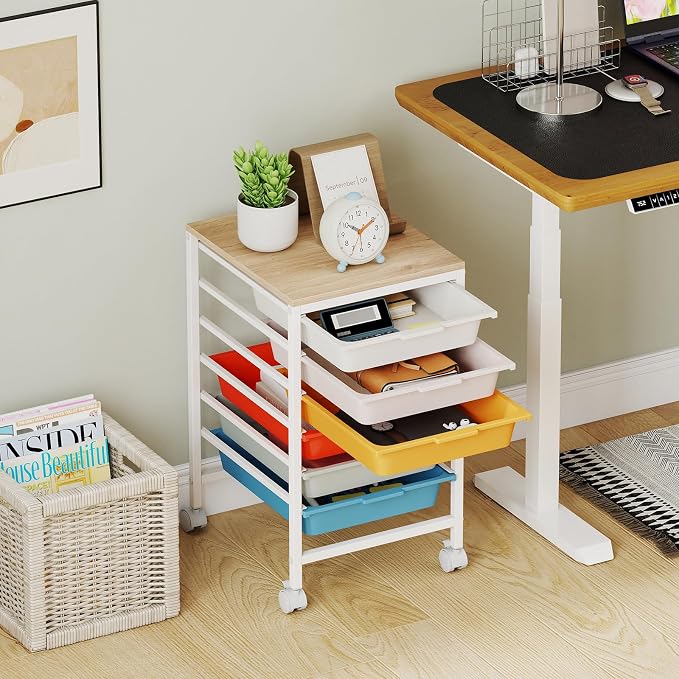 LDAILY Rolling Cart with Drawers, 6 Drawer Rolling Storage Cart with Wooden Tabletop, Metal Frame & Lockable Wheels, Craft Organizers and Storage for Home Office Classroom (Macaron, 6 Drawer)