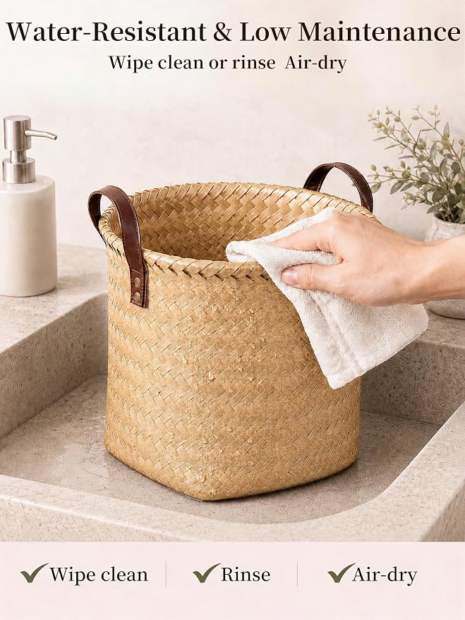 Hand Woven Baskets for Storage, 4Pcs Water-Resistant Wicker Baskets, Yellow Wicker Storage Baskets for Shelves, Large Basket with Handle for Organizing, Closet, Laundry, Blanket - Round