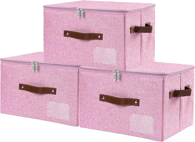 ANMINY Fabric Storage Box Bins with Zipper Lid, Washable Pink, 3PCS | Cotton Linen Fabric, PP Board Frame, Label Holder, Stackable & Foldable, PU Handles, Dual-Zipper 3-Side Open Lid, Medium