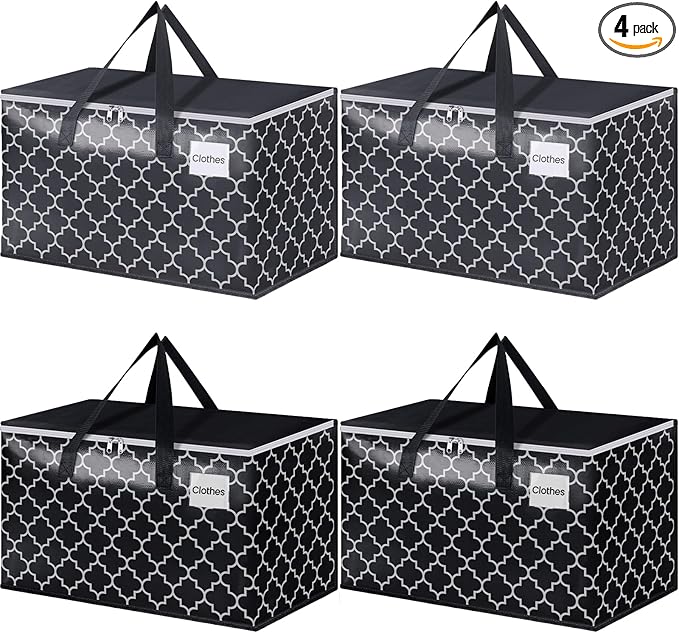 Extra Large Moving Bags, Heavy-Duty Storage Totes with Zipper Top and Sturdy Handles, Moving Supplies for Space Saving and Packing, Collapsible Storage Bags, Black & Gray, 100L, 4-Pack