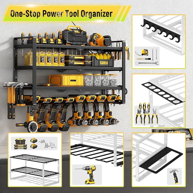 Hipidian Power Tool Organizer Wall Mount - Storage Rack with 4 Drill Holders for Drills Cordless Tools. Heavy Duty Iron Garage Tool Organizer Storage for Workshop Shed (8 Slots 4 Layers)