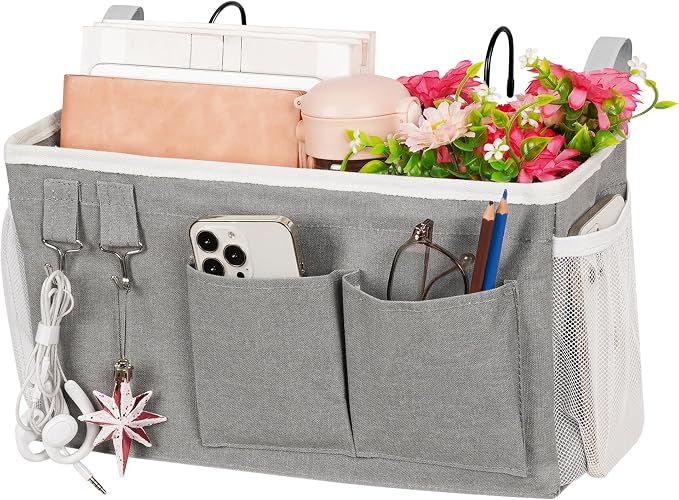 Lilithye Bedside Caddy Bedside Organizer Bedside Storage Caddy with Fixed Straps and Water Bottle Holder for Home College Dorm Bunk Bed Hospital Bed Crib Bed Rails (New Grey)