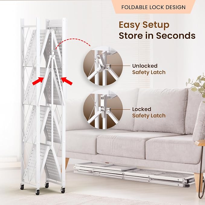 Our Modern Space 5-Tier Foldable Storage Shelf with Wheels | Metal Rack Collapsible Shelving Display | Rolling Cart for Books Kitchen Storage Shelves | Pantry & Closet Organizer | Office Room Decor