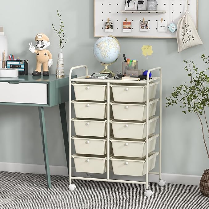 COSTWAY 10 Drawer Rolling Storage Cart, Utility Cart with Lockable Wheels | Mobile Art Supply Craft Organizer with Metal Frame, Multipurpose Drawer Cart for Paper for Office, School, White