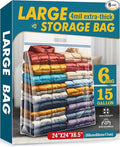 15 Gallon Large Storage Bags, 24" x 24" Clear Plastic Zipper Bags with Handles, Extra Large XL Heavy Duty for Travel Home Moving, Pack of 6