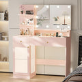 INNOD 40" Vanity Desk with Large Mirror and Lights, Modern Glass Top Makeup Vanity Set with Power Outlet,Pink